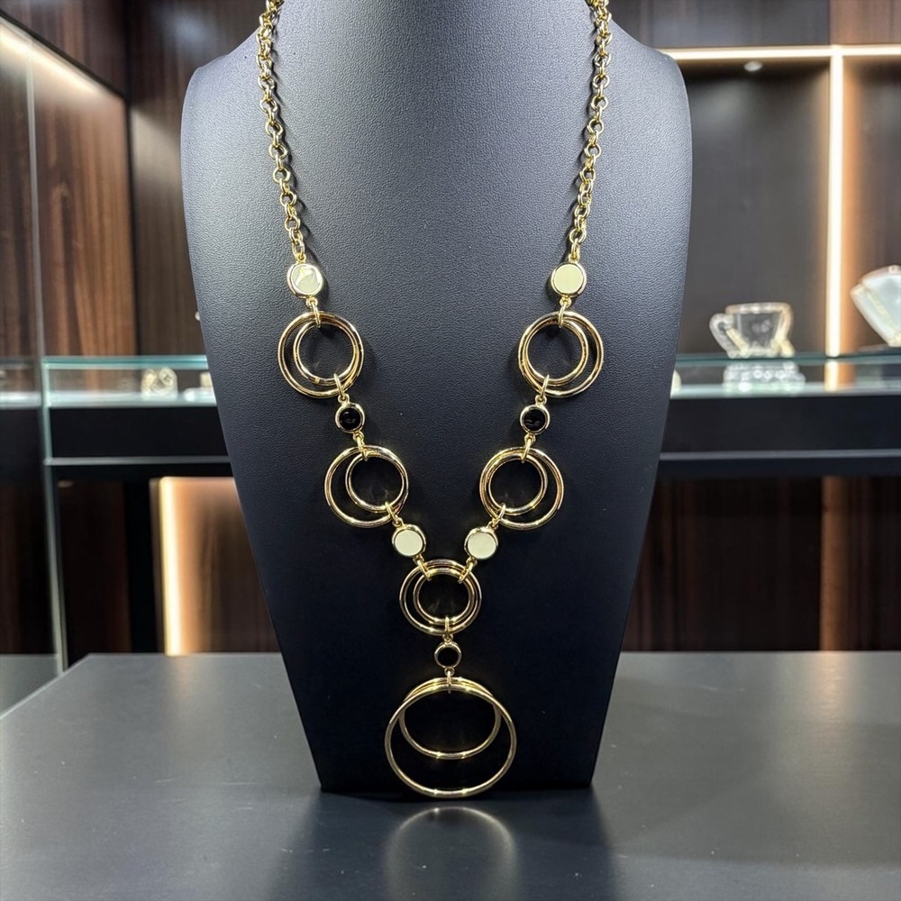 Gold Tone Geometric Interlocking Double Ring Statement Necklace Enamel Accents